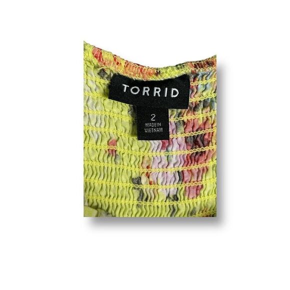 Torrid 2X Lime Green Floral Tank Top Smocked Babydoll Cami Boho Challis Summer - Picture 5 of 9